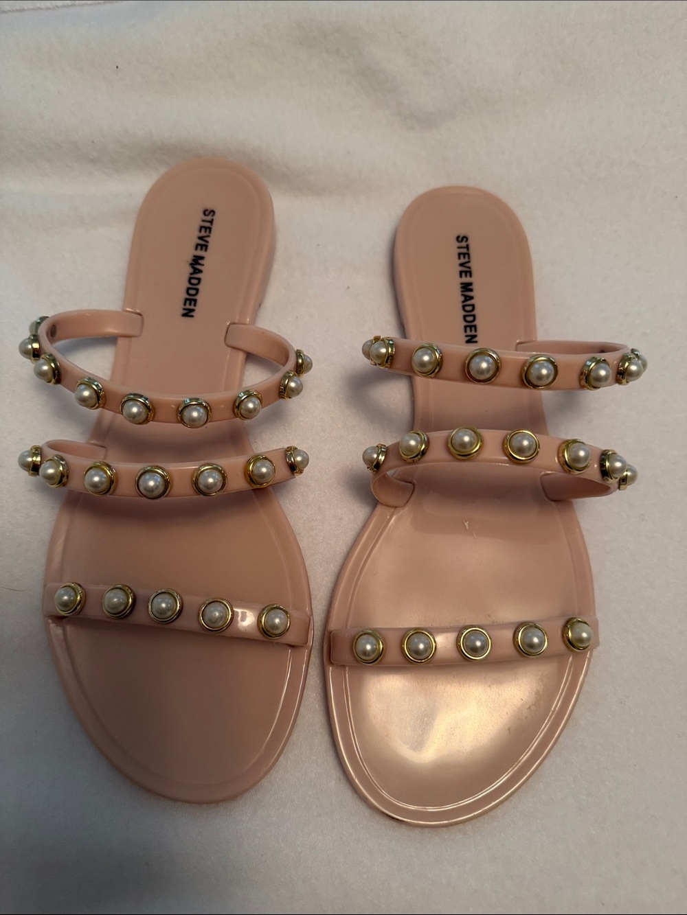 Steve Madden Blush Pearl-Stud Triple-Strap Slide Sandals